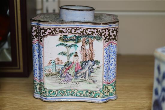 Two Chinese enamel tea caddies and three porcelain caddies largest 11cm